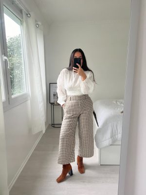 Pantalon h&m à carreaux blanc et marron